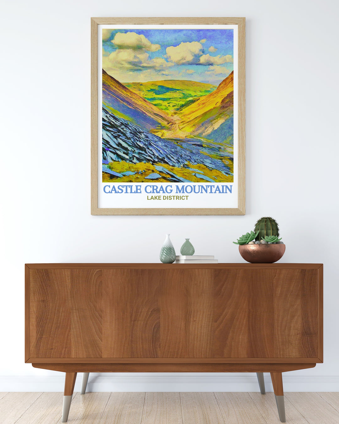 Castle Crag Mountain canvas art highlights the iconic fells of the Lake District, with Derwentwater and Honister Slate Mine offering a striking contrast to the rolling hills.