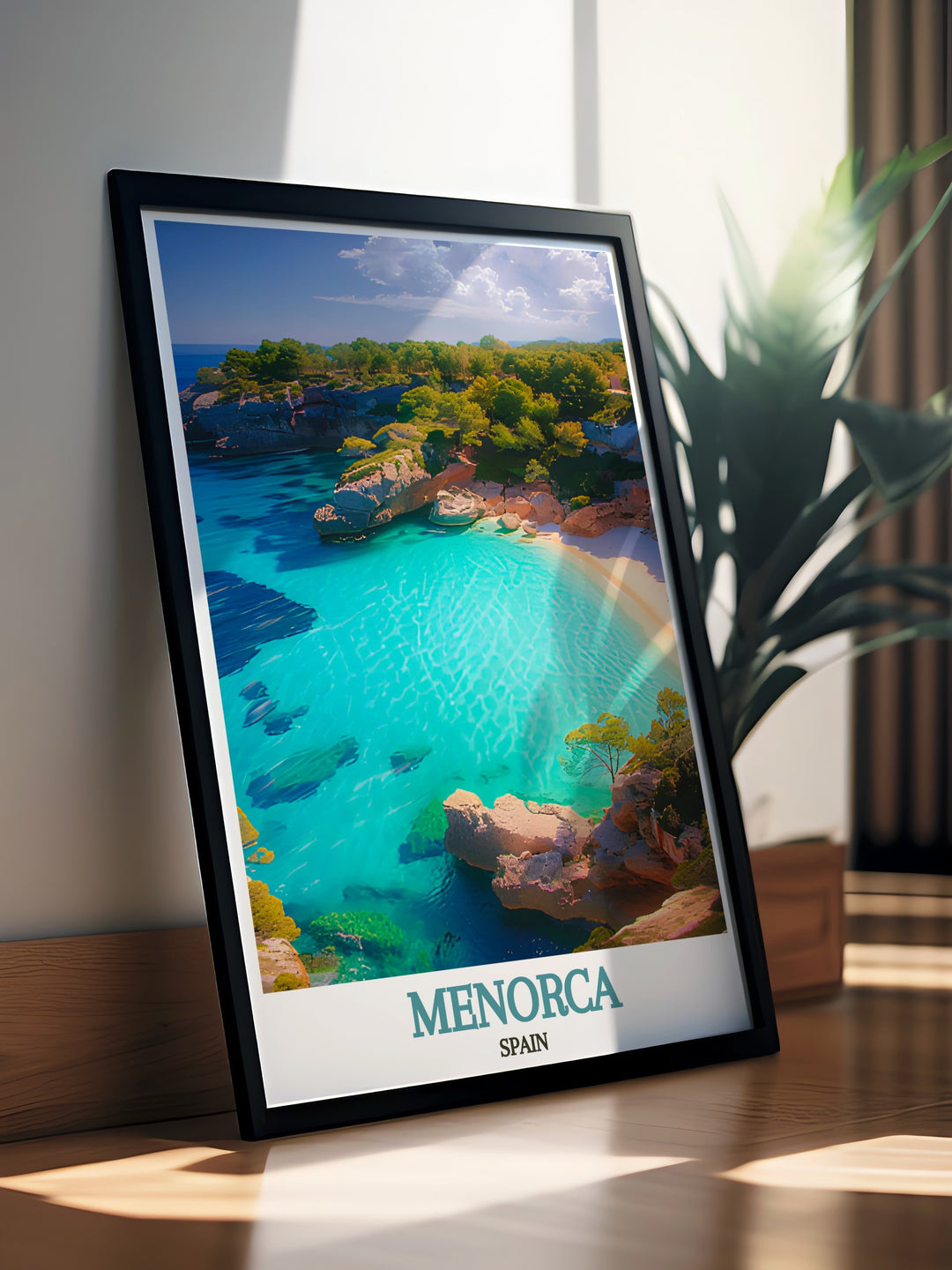 Cala Macarella wall art featuring the idyllic landscape of Menorcas beach with its vibrant azure waters and lush nature providing an elegant addition to Spain art gifts and home decor.