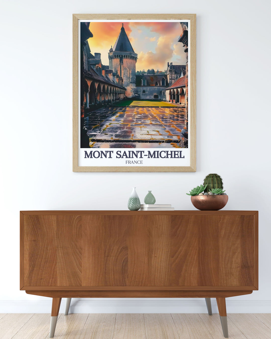 The Abbey Courtyard modern prints of Mont Saint Michel capturing the beauty of this iconic French landmark perfect for your travel prints collection and adding a touch of sophistication to any setting.