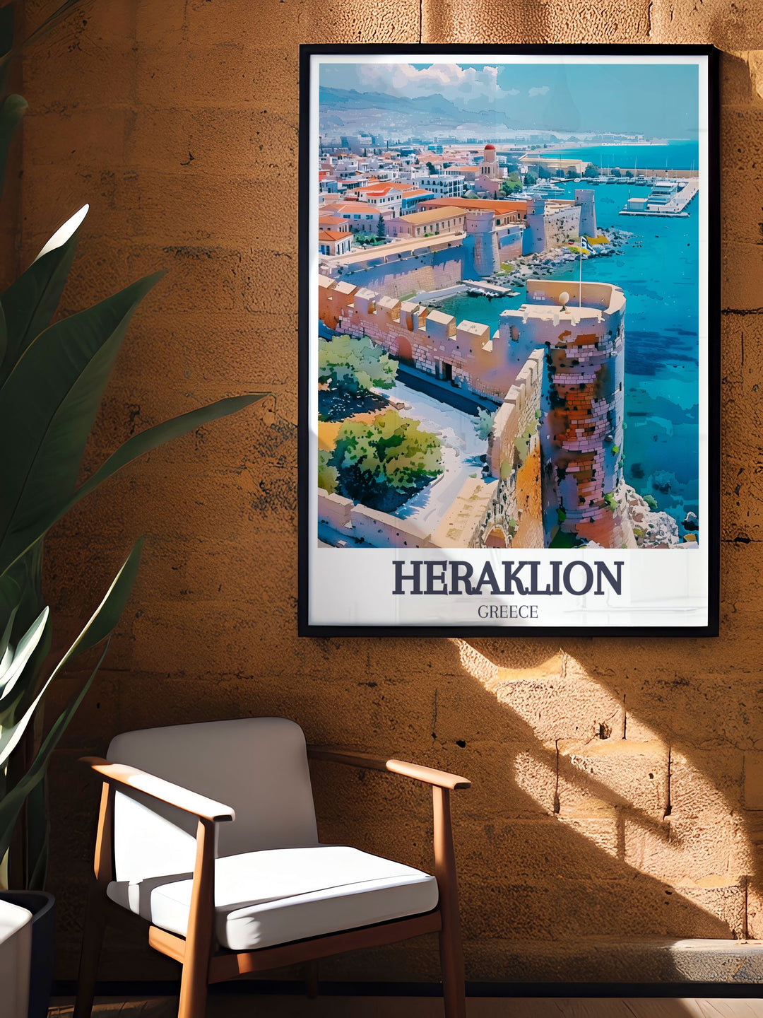 Vintage poster of Heraklion, featuring the iconic Venetian Walls, Crete, Greece. This piece captures the timeless beauty and historical significance of the walls, evoking the charm of Greek cultural heritage and military architecture.