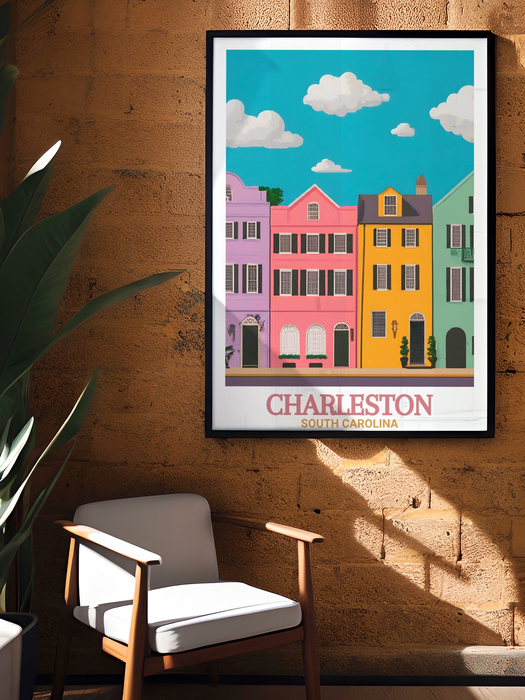 Rainbow Row artwork in a modern art print capturing the bright city color palette and intricate details of Charlestons historic district perfect for travel enthusiasts and art collectors