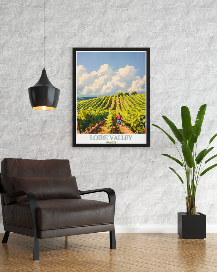 This travel print of Vineyards and Wineries showcases the stunning landscapes of the Loire Valley. Perfect for creating a refined and elegant home decor this artwork celebrates the beauty of French wine country in a way that enhances any living space.