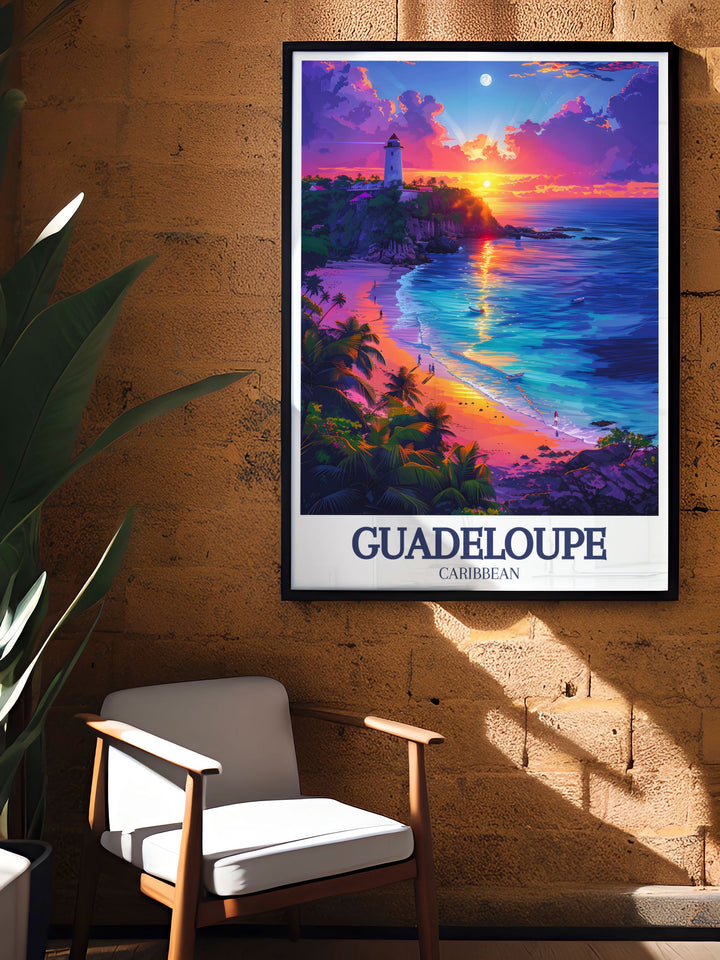 Highlighting the exotic allure of Guadeloupe, this poster features its stunning beaches and vibrant culture. Perfect for those who dream of tropical adventures, this artwork brings the beauty of the Caribbean islands into your living space.