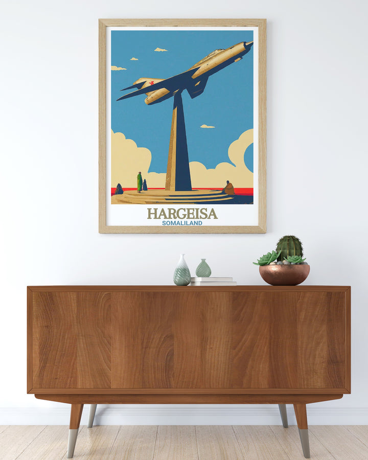 The Somaliland canvas art highlights the striking MIG Jet Monument in Hargeisa. This travel poster is ideal for those who admire the blending of historical landmarks with modern design, adding a unique touch of African culture to your walls.