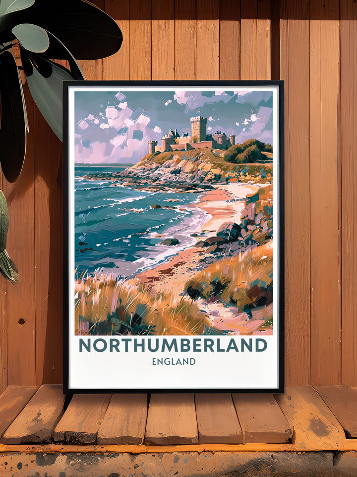 Retro travel poster featuring Seahouses and Bamburgh Castle. This detailed artwork is perfect for those who appreciate vintage travel prints and want to bring a piece of Northumberlands history into their home.