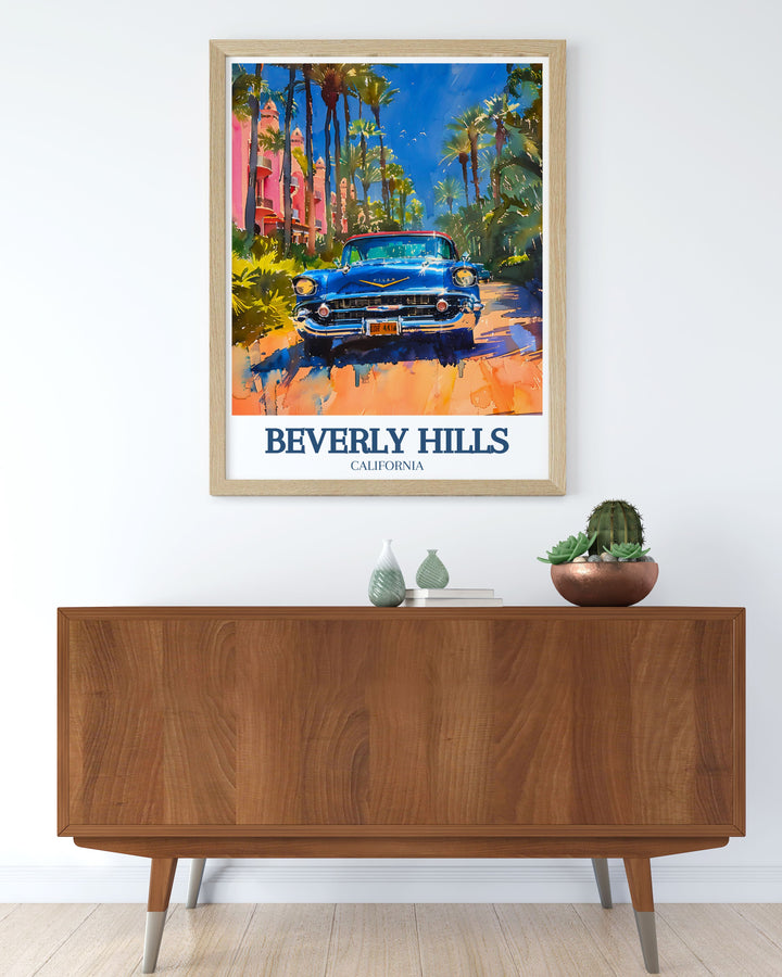 Majestic Beverly Hills travel poster capturing the historic Beverly Hills Hotel and the lively streets of Hollywood, perfect for enhancing your home or office with Californias iconic beauty.