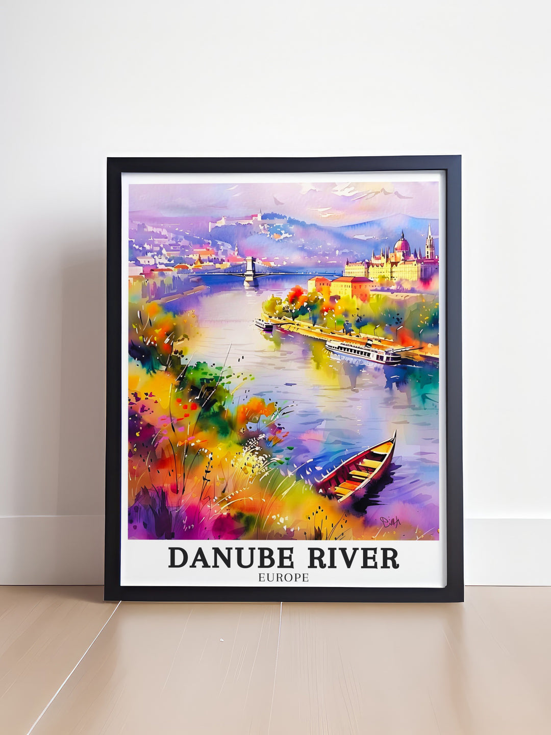 Budapest Castle Budapest is featured in this elegant Danube River art print. It brings the beauty of European architecture and scenic landscapes into your home. Ideal as a unique travel gift or a stunning addition to your living room decor.