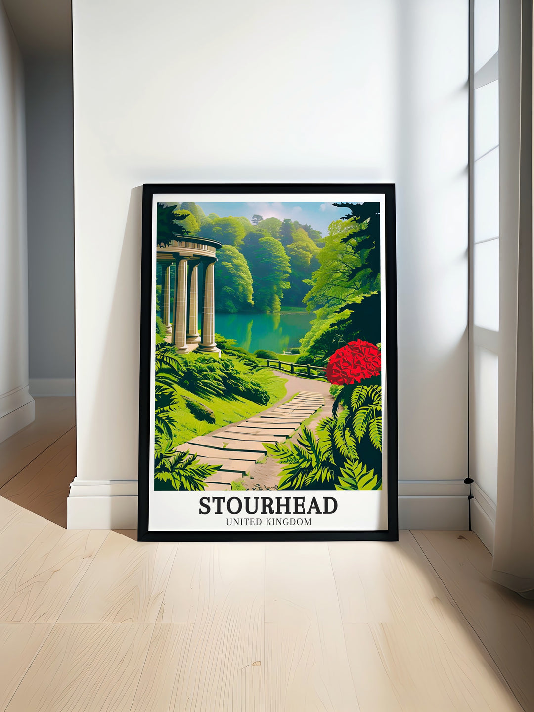 Stourhead Travel Poster with a focus on the Temple of Apollo and the River Stour, capturing the essence of one of the UKs most picturesque landscapes, ideal for garden and history enthusiasts.