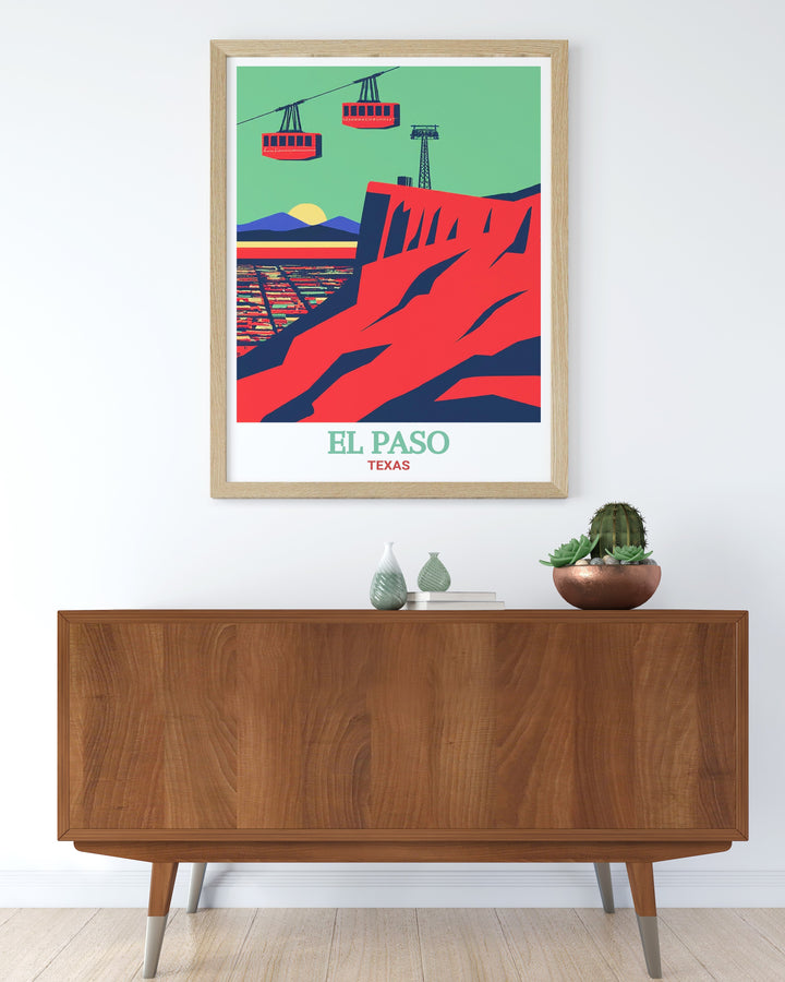 Add a touch of Texas charm to your home with this El Paso poster featuring the Wyler Aerial Tramway. The bold design and rich color palette make this print perfect for those who appreciate the great outdoors. A great addition to any living space, this poster is sure to impress.