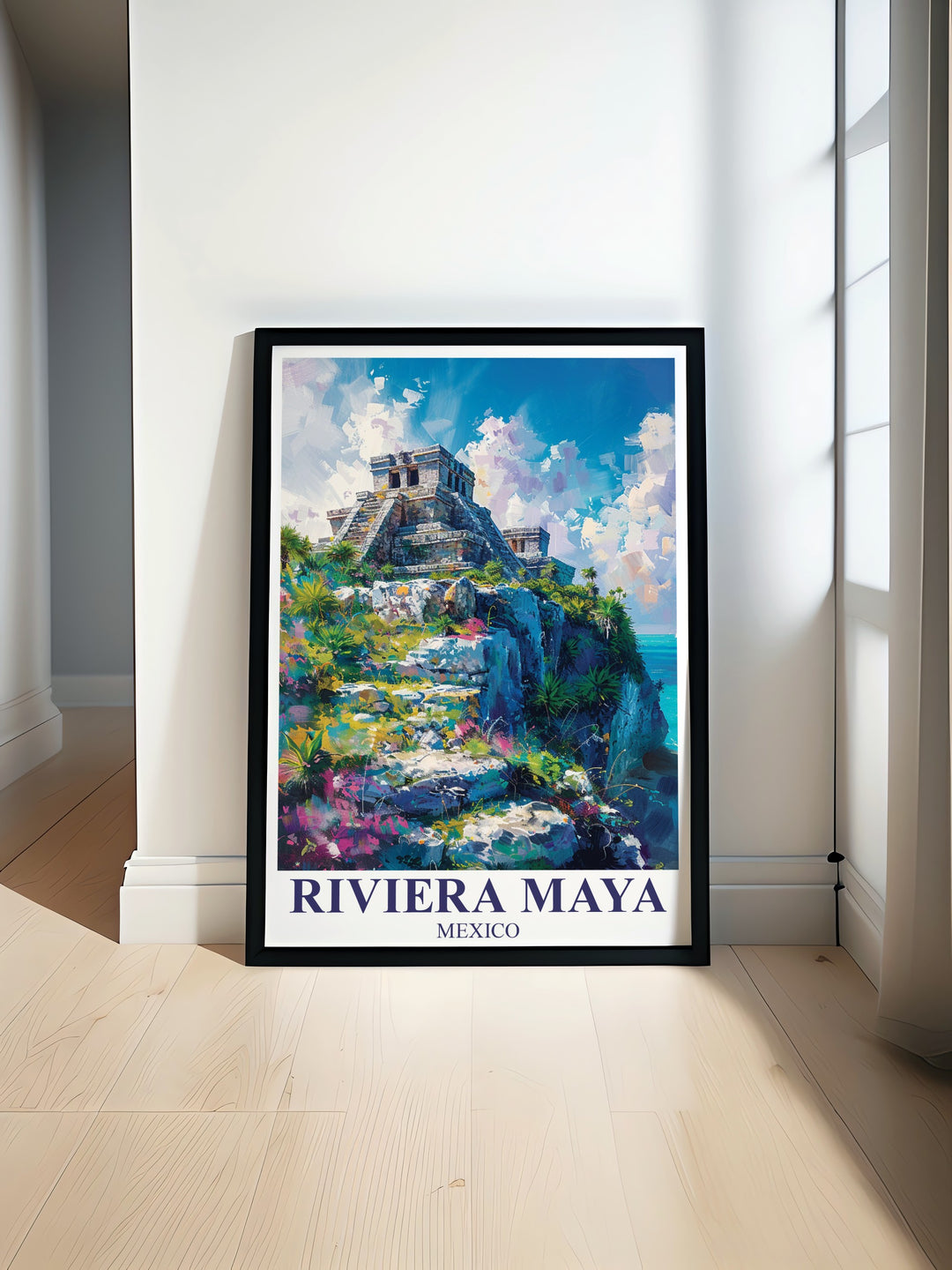 Bring the beauty of Tulum into your home with this Riviera Maya art print. This piece captures the timeless appeal of Mexicos coast and the rich history of the Tulum ruins, making it perfect for beach and travel themed spaces.