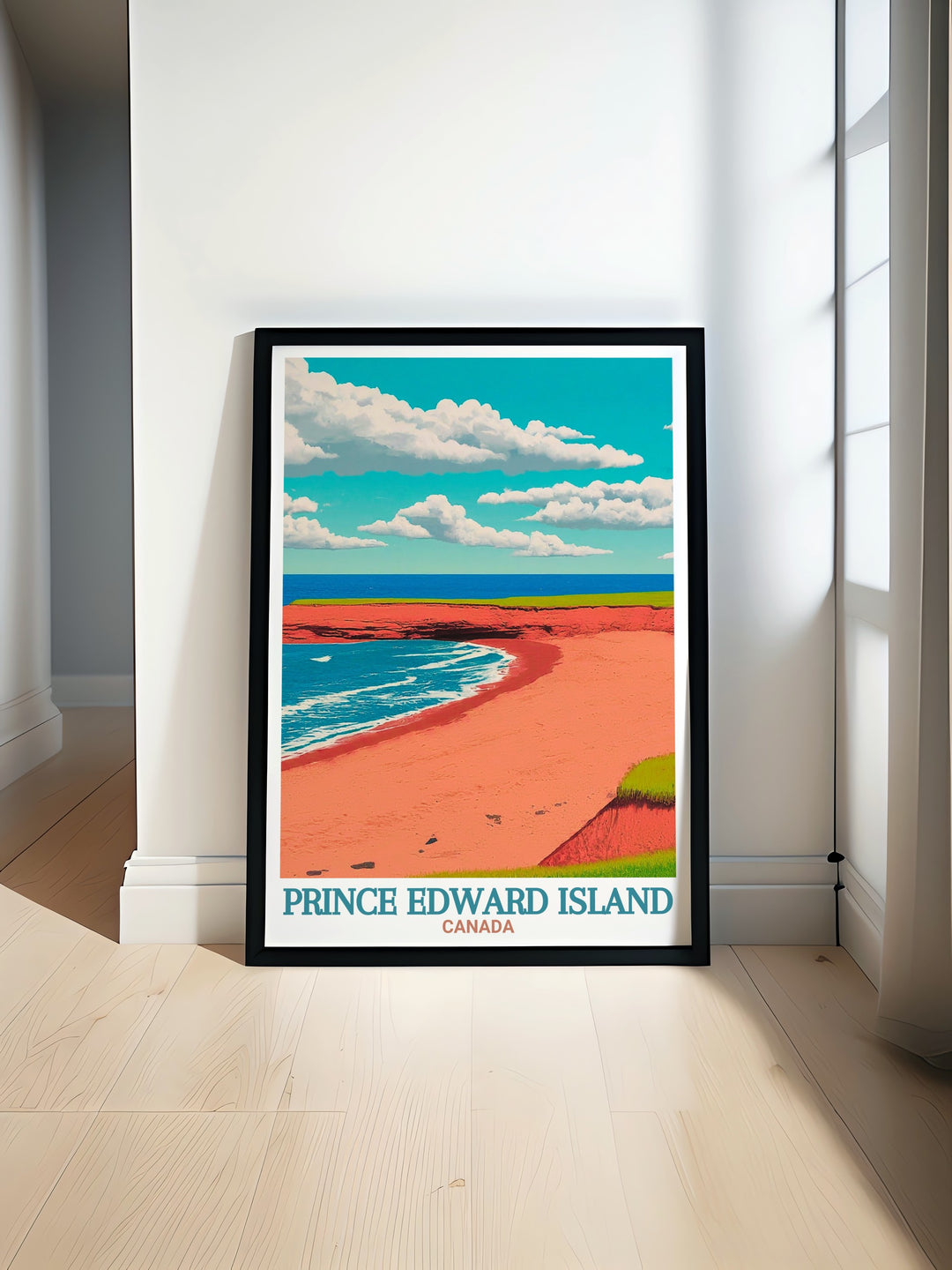 A serene sunset at Cavendish Beach with golden hues reflecting off the water creating a tranquil and picturesque scene perfect for a boho art print or housewarming gift showcasing the beauty of Prince Edward Island in a modern and elegant way.