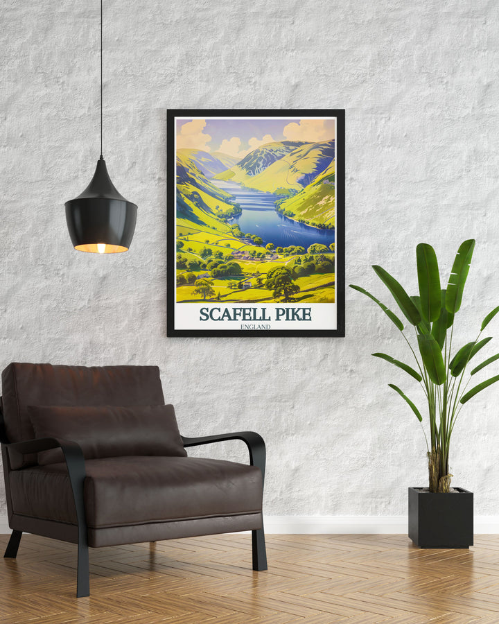 Elegant Scafell Pike travel poster featuring Derwentwater in the Lake District England perfect for those who love hiking and exploring nature bringing the beauty of the outdoors into your living room with this stunning Lake District travel print.