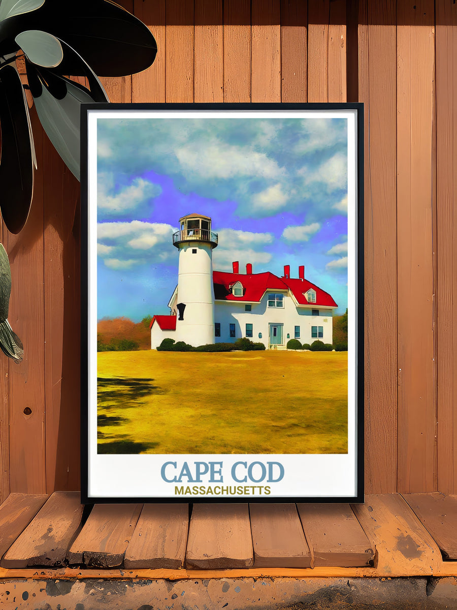 Celebrate the beauty of Cape Cod with this vibrant travel print featuring Chatham Lighthouse. The rich colors and fine lines of this Massachusetts artwork capture the serene charm of New Englands coastal landscapes.