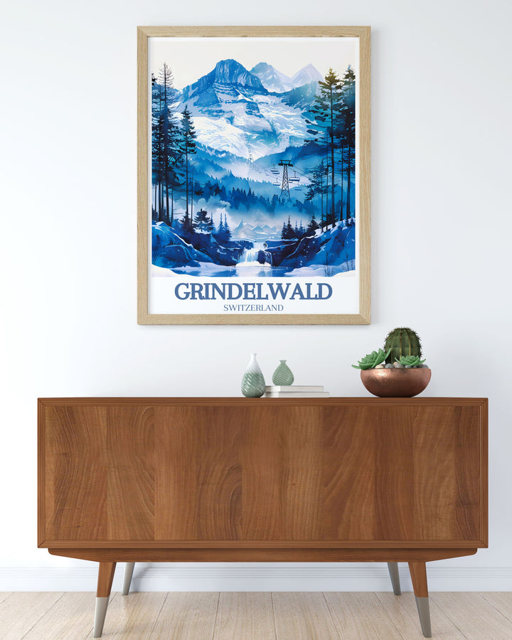 Showcasing the vibrant Jungfrau Ski Region, this art print features the stunning slopes and peaks that make this area a paradise for winter sports, making it an excellent addition to any room.