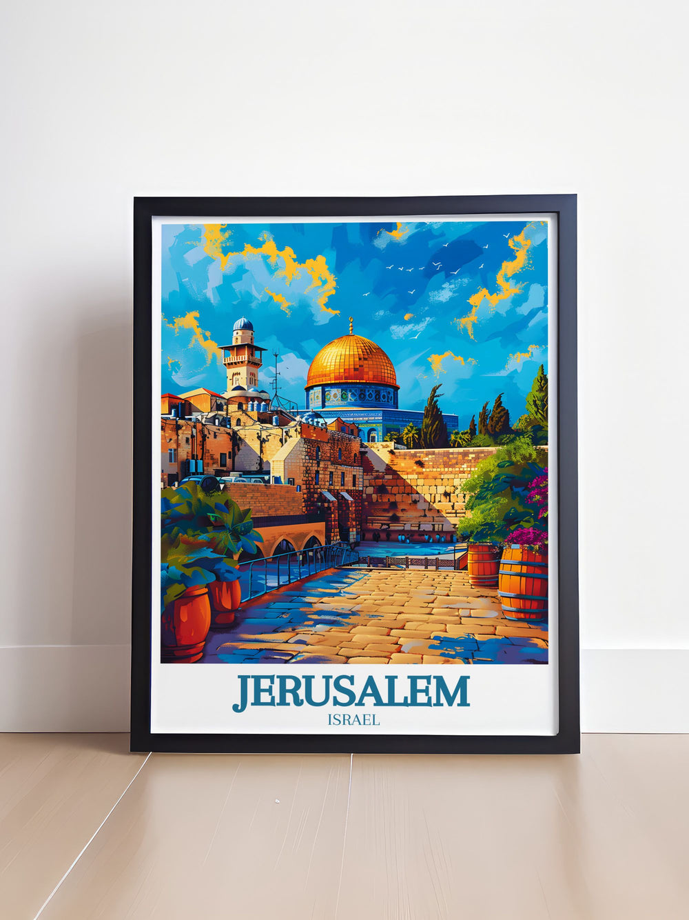 Showcasing the historical richness of Jerusalem, this travel poster features ancient landmarks and cultural sites. Ideal for history enthusiasts, this piece brings the fascinating history of the city into your home.
