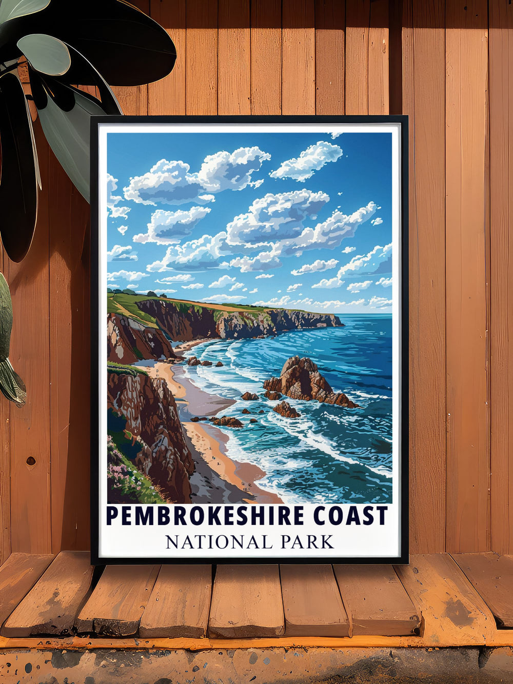 Experience the stunning coastline of Pembrokeshire Wales with this retro travel poster featuring rich colors and classic Art Deco design capturing the serene yet powerful essence of the Welsh landscape suitable for framed print collections.