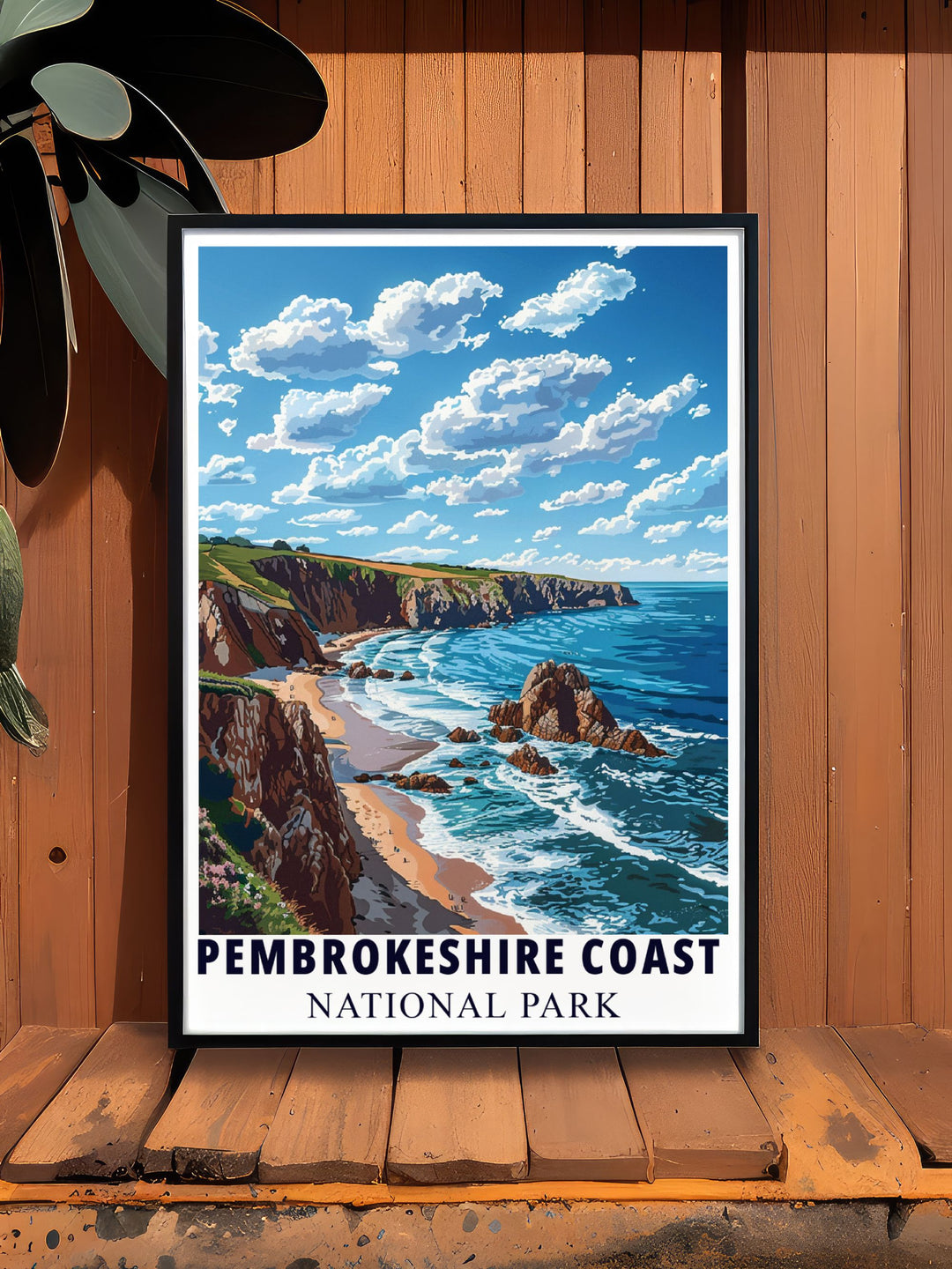 Experience the stunning coastline of Pembrokeshire Wales with this retro travel poster featuring rich colors and classic Art Deco design capturing the serene yet powerful essence of the Welsh landscape suitable for framed print collections.