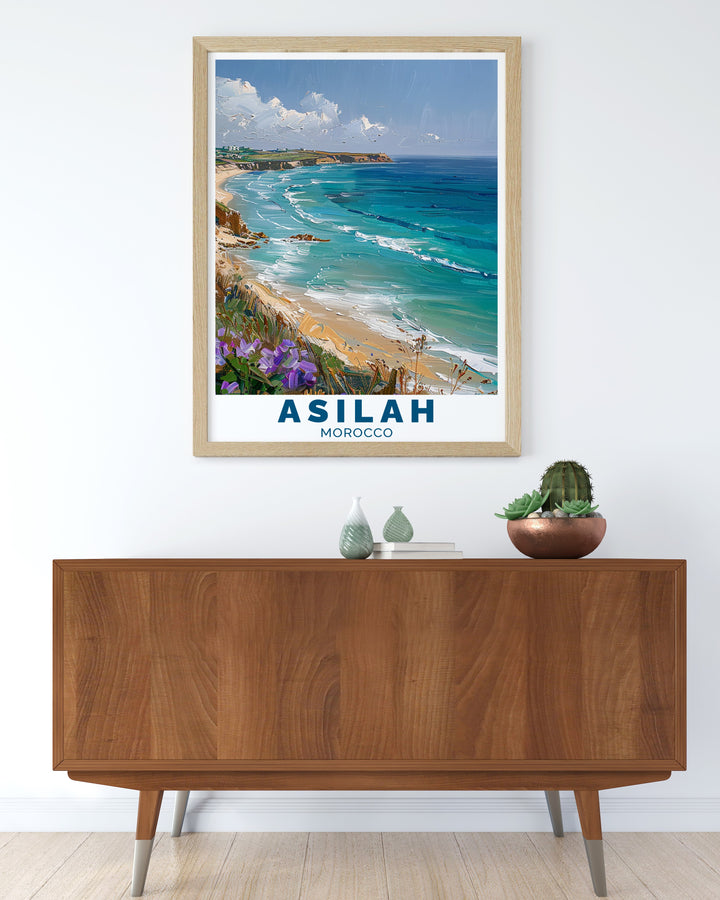 Paradise Beach Travel Poster Highlighting the peaceful beauty of Paradise Beach in Asilah, this travel poster captures the calming waves and bright white architecture that define this Moroccan coastal town. Its perfect for those who appreciate beach art, with an emphasis on both the natural landscape and the towns unique design, offering a visual escape to Moroccos stunning shores.