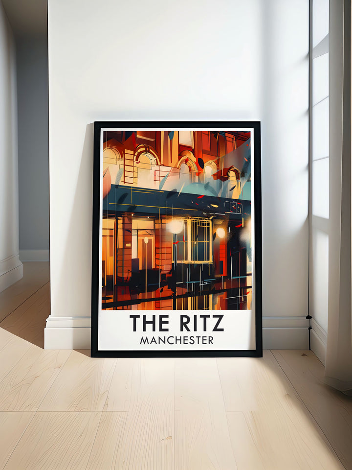 The Ritz Manchesters exterior facade comes to life in this retro travel poster. With its art deco style and musical legacy, this print is perfect for fans of Manchesters vibrant arts scene. Hang it in your home or office to celebrate this iconic venue.