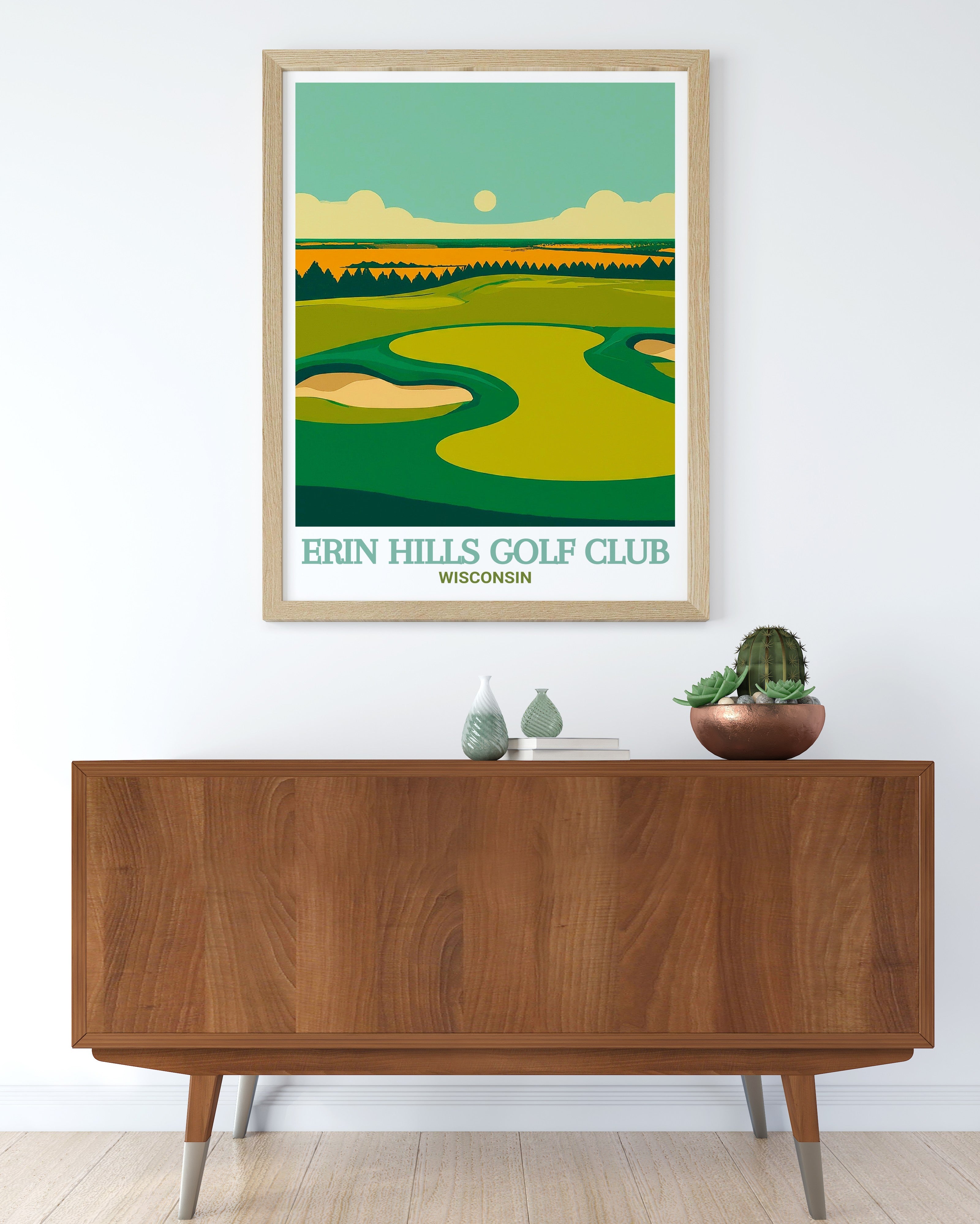Framed golf posters showcasing championship courses and golf artwork in multiple frame styles and finishes for various interior design aesthetics
