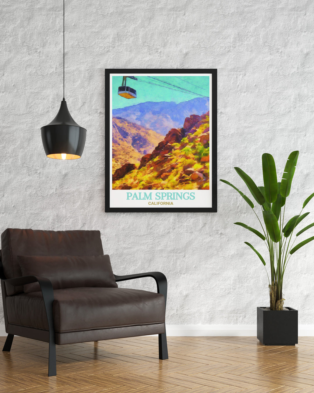 Palm Springs Aerial Tramway travel poster featuring the serene landscapes and iconic Yellow Hotel in Palm Springs. This vibrant print captures the essence of Palm Springs, making it an ideal piece for anyone looking to add a splash of color and style to their wall decor.