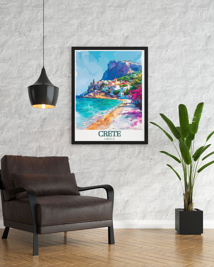 Celebrate the tranquil beauty of Elafonissi Beach with this high quality art print. Showcasing the pristine lagoon and pink sands, this travel poster brings a piece of Cretes coastal paradise into your home, ideal for enhancing your decor or as a gift for beach lovers.