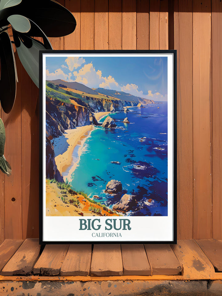 The picturesque landscapes of Big Sur, with its rugged cliffs and the stunning Bixby Creek Bridge, are depicted in this detailed illustration, offering a glimpse into one of Californias most iconic coastal destinations.