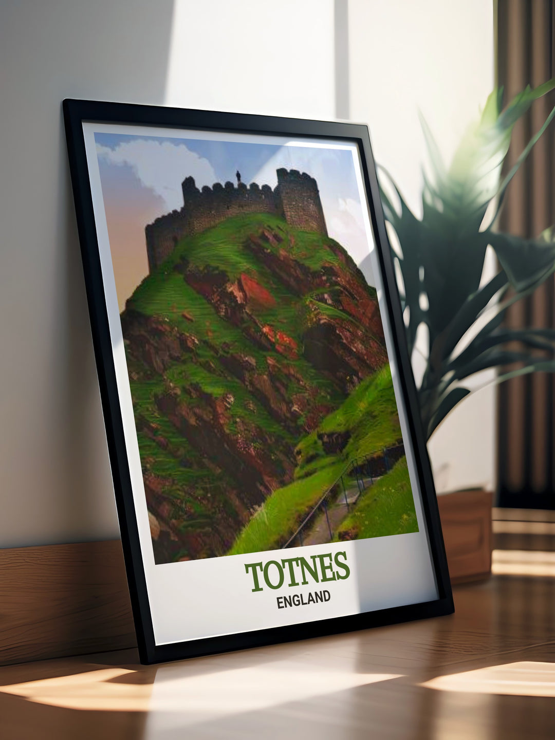 Scenic art print of Totnes Castle, capturing the essence of this historic landmark with detailed illustrations and vibrant colors. A perfect addition to your living room, bedroom, or office, adding a touch of Englands rich heritage to your space.