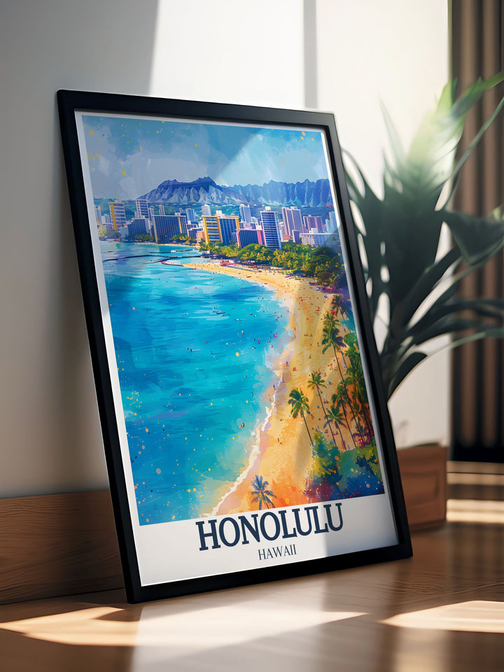 Travel poster of Waikiki Beach in Honolulu, Hawaii, showcasing its iconic shoreline and lively atmosphere. The detailed illustration captures the beachs vibrant life and tropical charm, ideal for any travel enthusiast.
