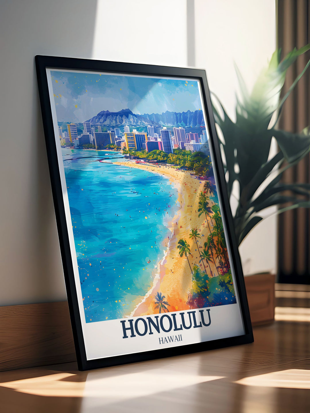 Featuring Waikiki Beach and Diamond Head Crater, this Hawaii travel print showcases the serene beauty of Honolulus famous coastline. The Aloha Tower adds a historic touch, making this poster ideal for coastal themed décor and Hawaiian art lovers.