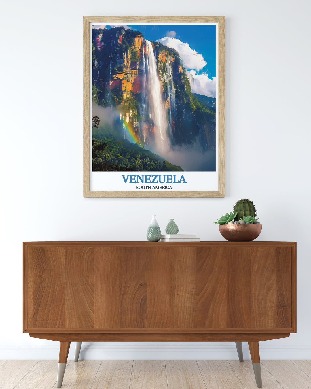 Angel Falls vintage travel print highlights the majestic beauty of Venezuelas most iconic natural wonder providing a timeless piece of wall art that works perfectly in any living room or bedroom for those who love to explore the world