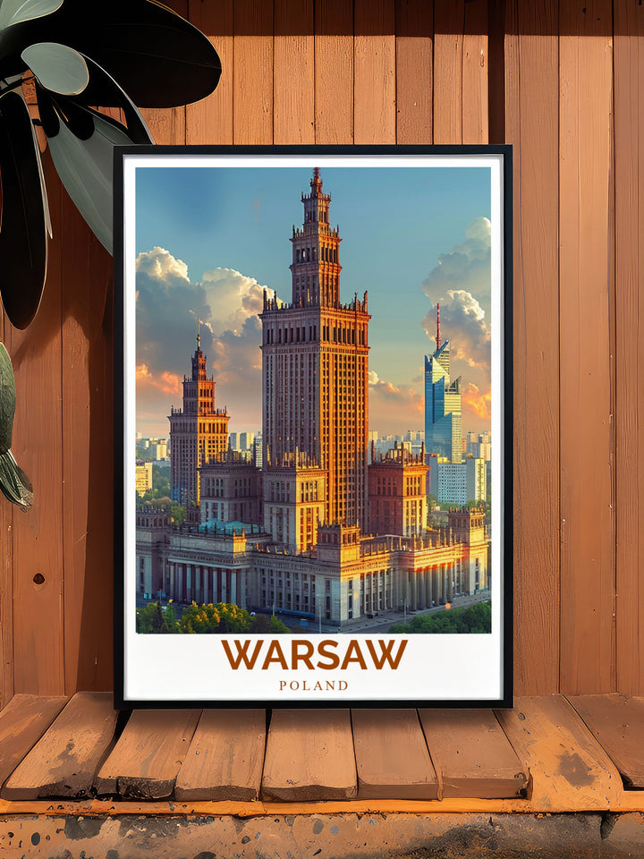 Palace of Culture and Science modern decor print is perfect for those who want to add a piece of Warsaws architectural heritage to their home featuring elegant artwork that celebrates one of the citys most iconic buildings in beautiful detail.