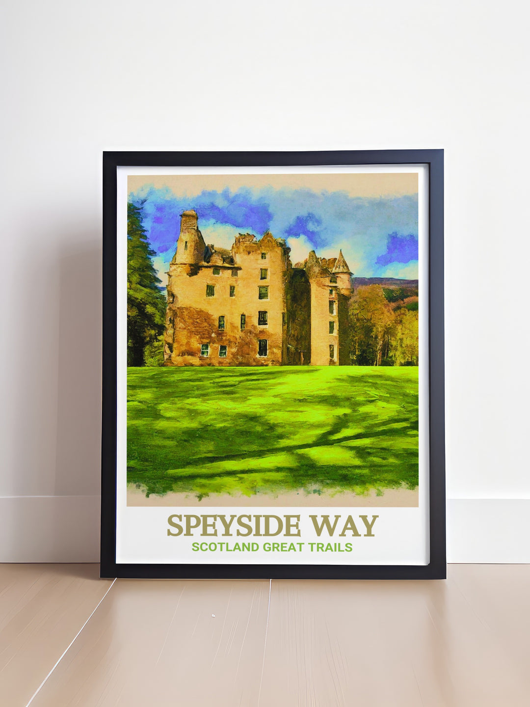 Speyside Way hiking poster depicting the serene beauty and diverse landscapes of this long distance trail. This print celebrates the natural wonders and tranquil scenery, making it a perfect addition to your collection of scenic European landscapes.