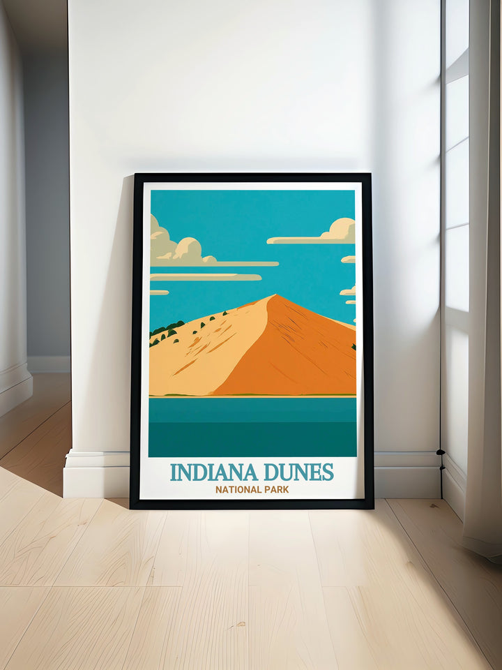 Mount Baldy and Indiana Dunes National Park captured in a stunning travel poster. Whether for your own décor or as a gift, this print celebrates the beauty and serenity of one of the Midwests most cherished landscapes.