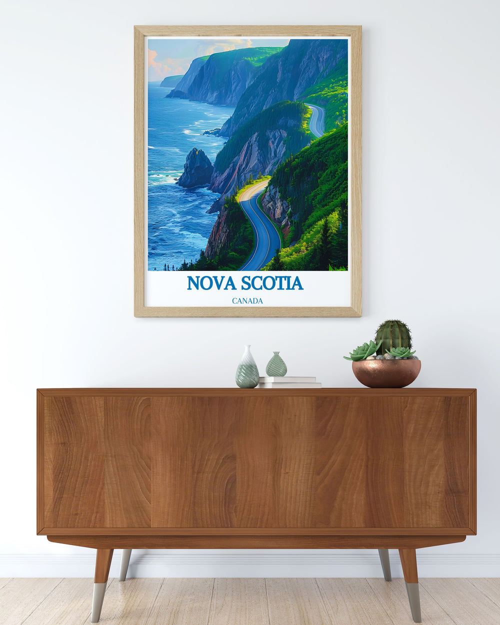 Stunning Cabot Trail wall art featuring a detailed illustration of Nova Scotias scenic beauty. Ideal for adding a touch of Canadian elegance to your home living decor and a thoughtful gift for travelers.