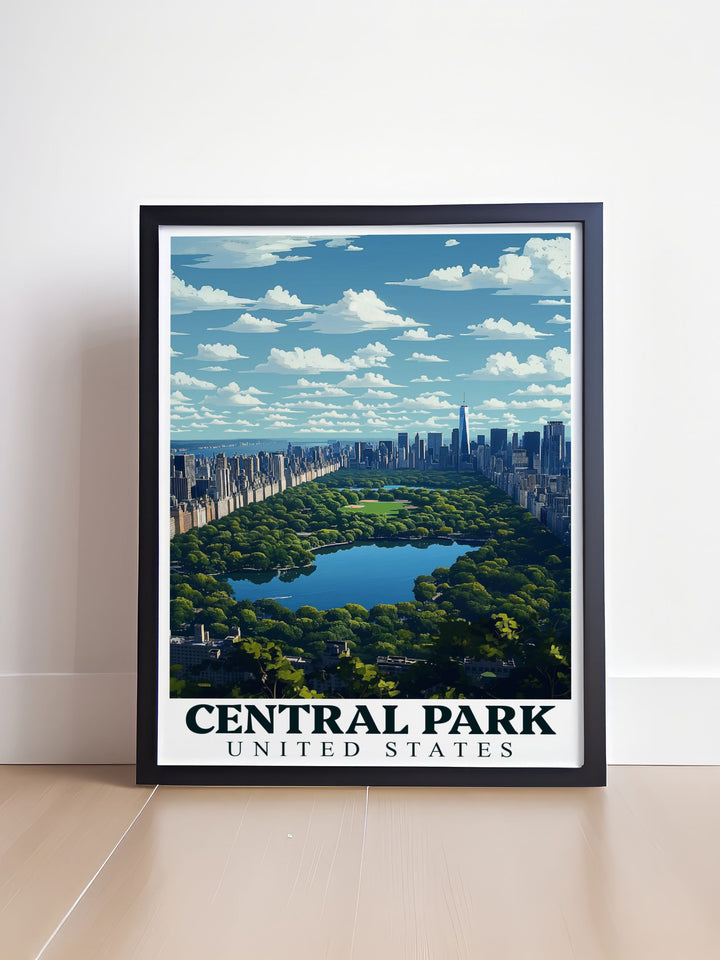 The captivating blend of calm waters and vibrant landscapes in Central Park is beautifully illustrated in this poster, making it a stunning addition to any wall art collection celebrating NYC.