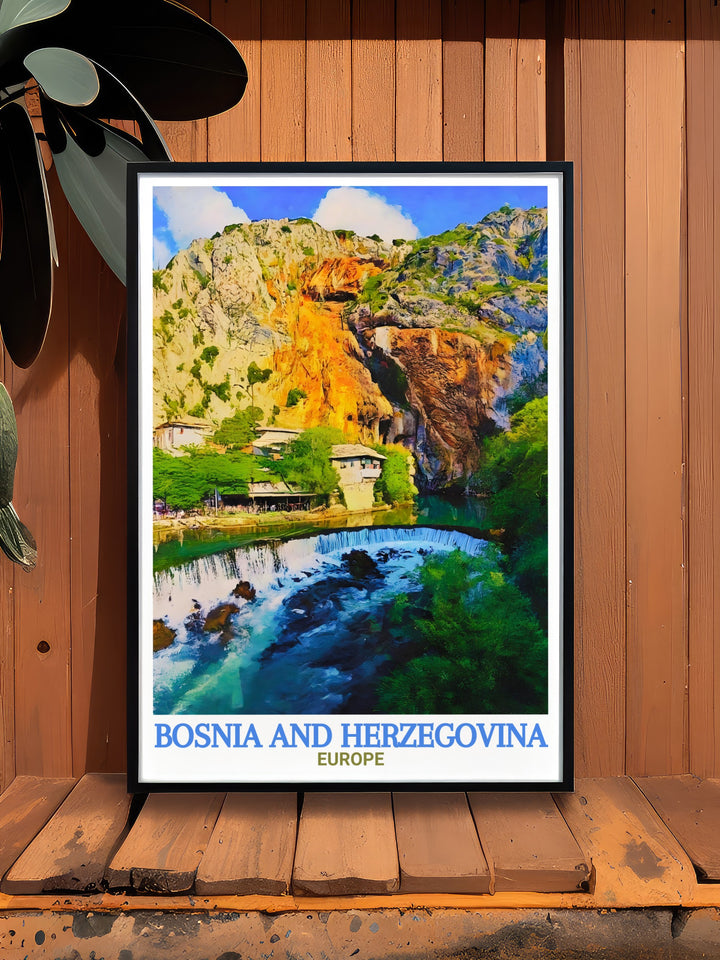 Europe travel print featuring Blagaj Tekija offers a blend of natural beauty and architectural elegance. The Sufi monasterys serene setting along the Buna River makes this canvas art a great choice for anyone who loves peaceful, cultural scenes.