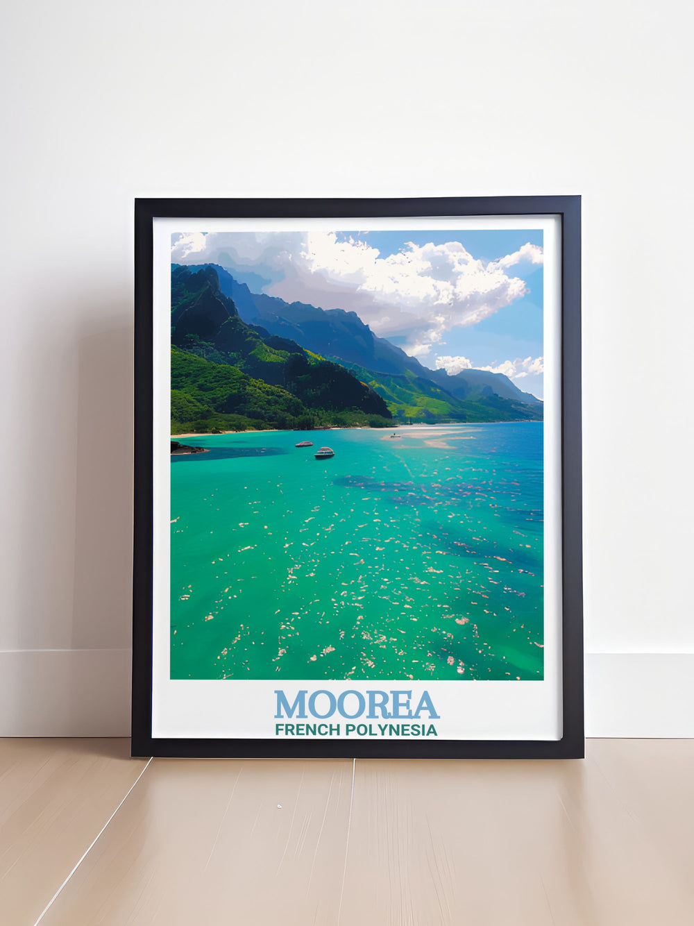 Experience the peaceful ambiance of French Polynesia with this Cooks Bay Canvas Art. Mooreas lush green mountains and clear waters are beautifully represented in this artwork, making it perfect for travel inspired home décor or as a personalized gift for art lovers.