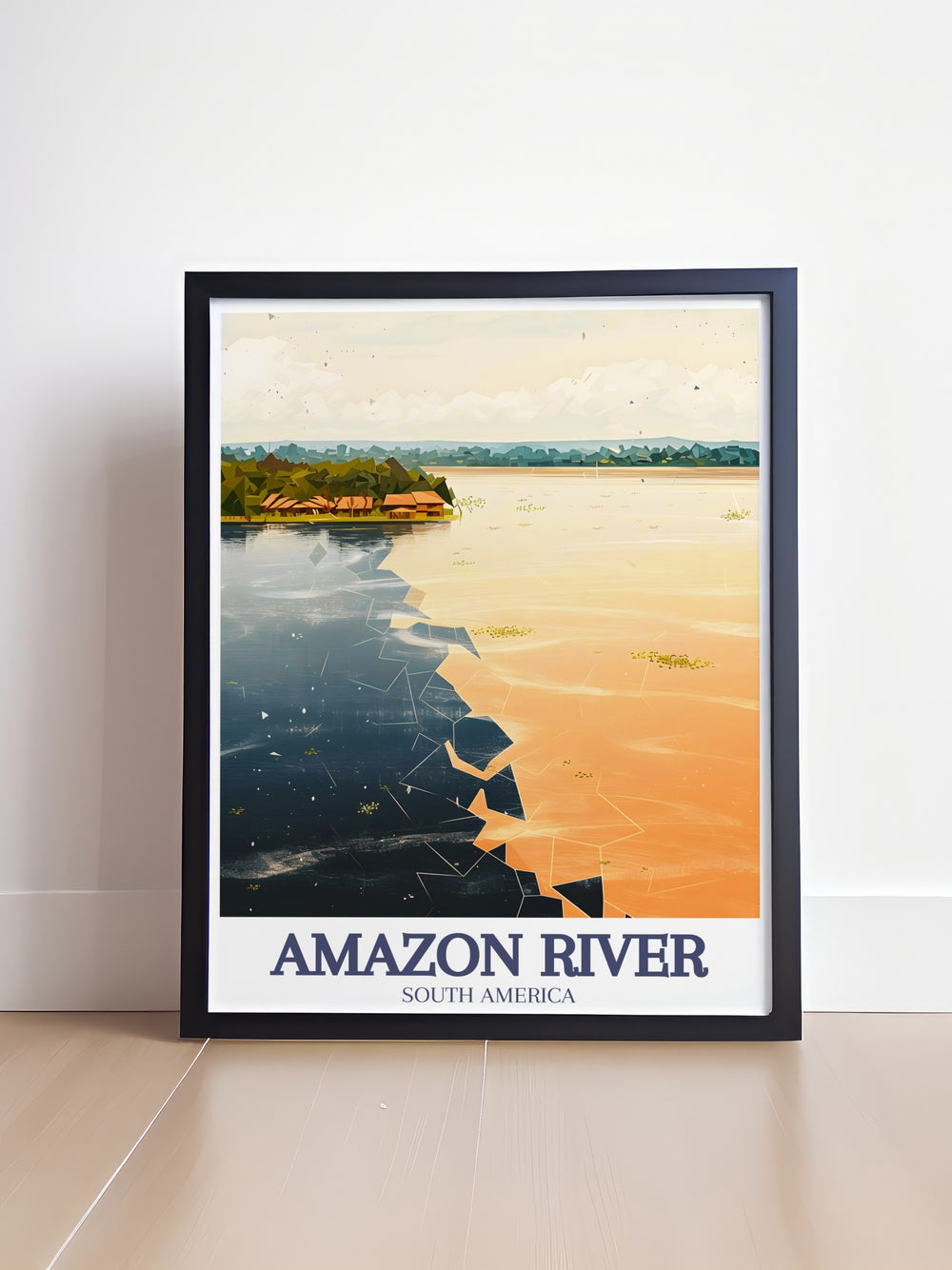 Experience the beauty of Encontro das Aguas, Rio Negro and Solimoes rivers with this vintage poster. The detailed artwork showcases the unique merging of the two rivers, making it a perfect piece for collectors and nature enthusiasts who appreciate fine travel prints.