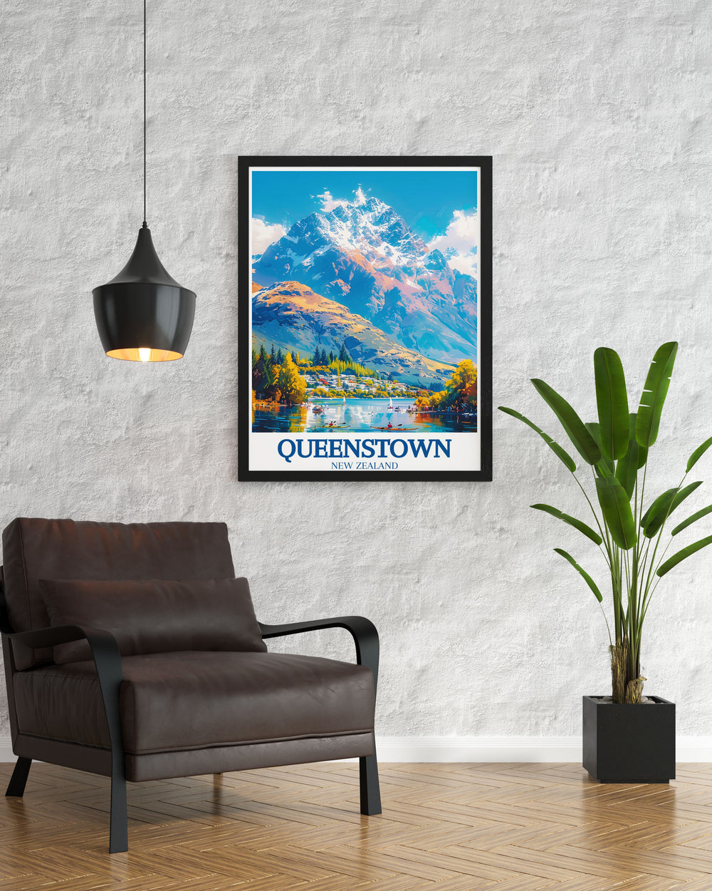 Black and white Queenstown poster capturing The Remarkables Lake Wakatipu in an elegant fine line print perfect for adding a touch of sophistication to any space including office home or study great for gifts and enhancing your wall decor