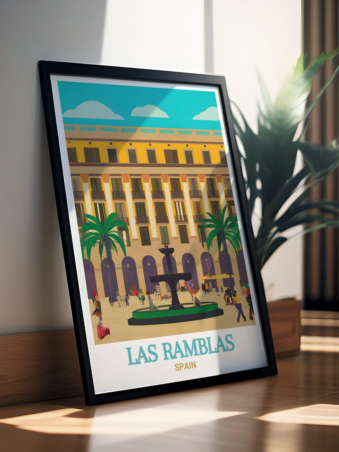 Enhance your home decor with the serene beauty of Plaça Reial through this wall art, which captures the neoclassical architecture and palm lined serenity of this beloved Spanish square.