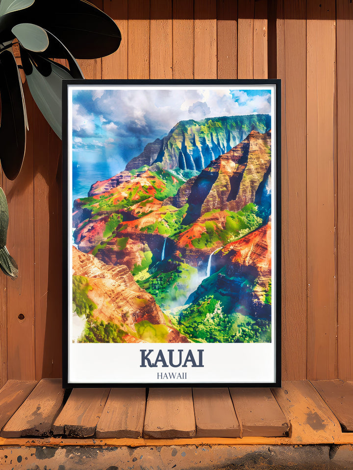 Kauai wall art featuring Na Pali Coast and Wailua Falls. The stunning colors and landscapes of Hawaii create a serene and peaceful atmosphere in any room. This artwork is perfect for gifts for her, gifts for him, or any nature enthusiast who loves Hawaii.