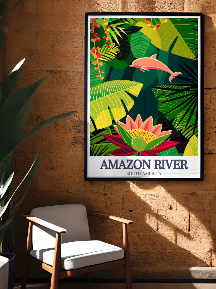 Victoria Regia water lily, Amazon river dolphin vintage print featuring the lush landscape of the Amazon. This beautiful travel poster is ideal for enhancing home decor or as a unique gift for any special occasion, celebrating the wonders of nature