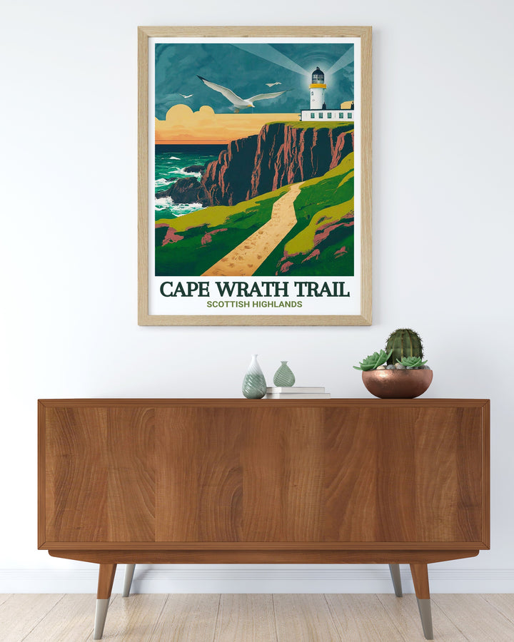 Cape Wrath Art Print captures the iconic Cape Wrath Lighthouse and the surrounding landscape of Scotlands northern coastline. This detailed print is a perfect gift for hikers and those who admire the remote beauty of Scotland.