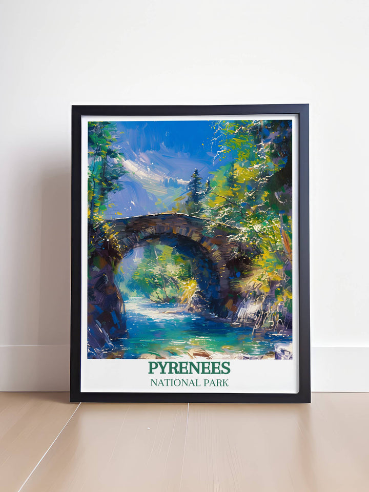 Retro travel poster featuring Pont dEspagne showcasing the picturesque landscape of the French Pyrenees perfect for adding elegance to any room.