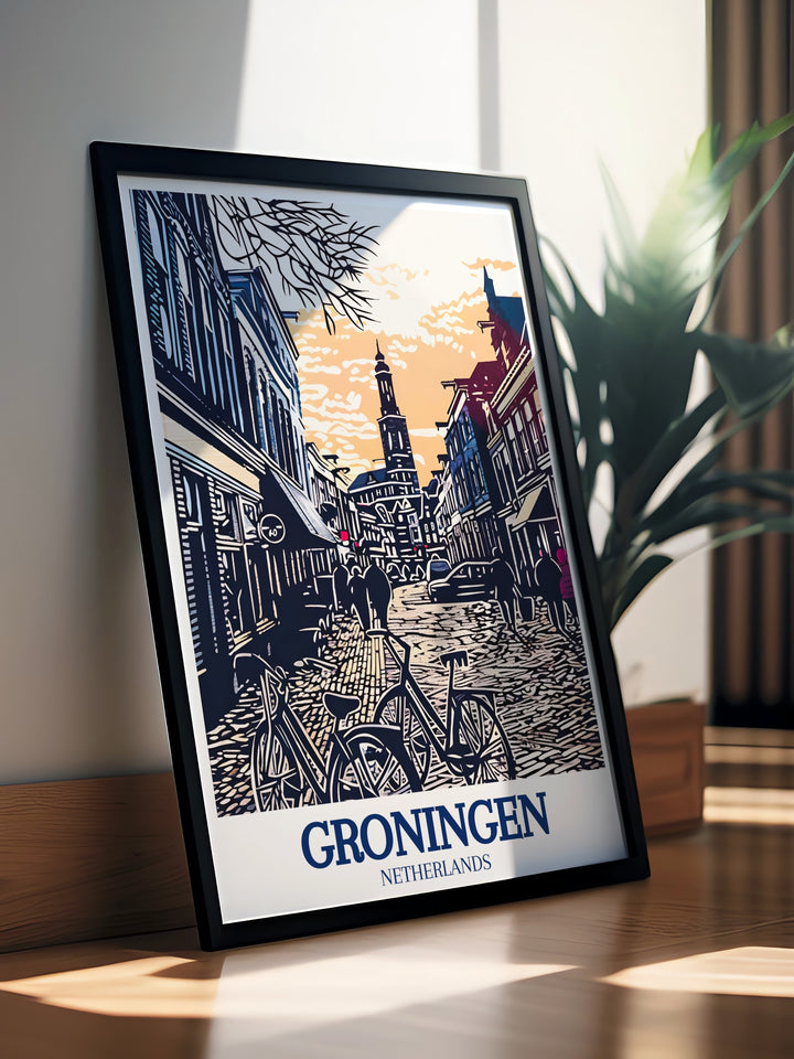 A detailed Netherlands print showcasing the Martini Tower, one of Groningens most famous landmarks, rising majestically above the city. This print brings the historical and architectural beauty of Groningen into your living space, perfect for art lovers and travelers.