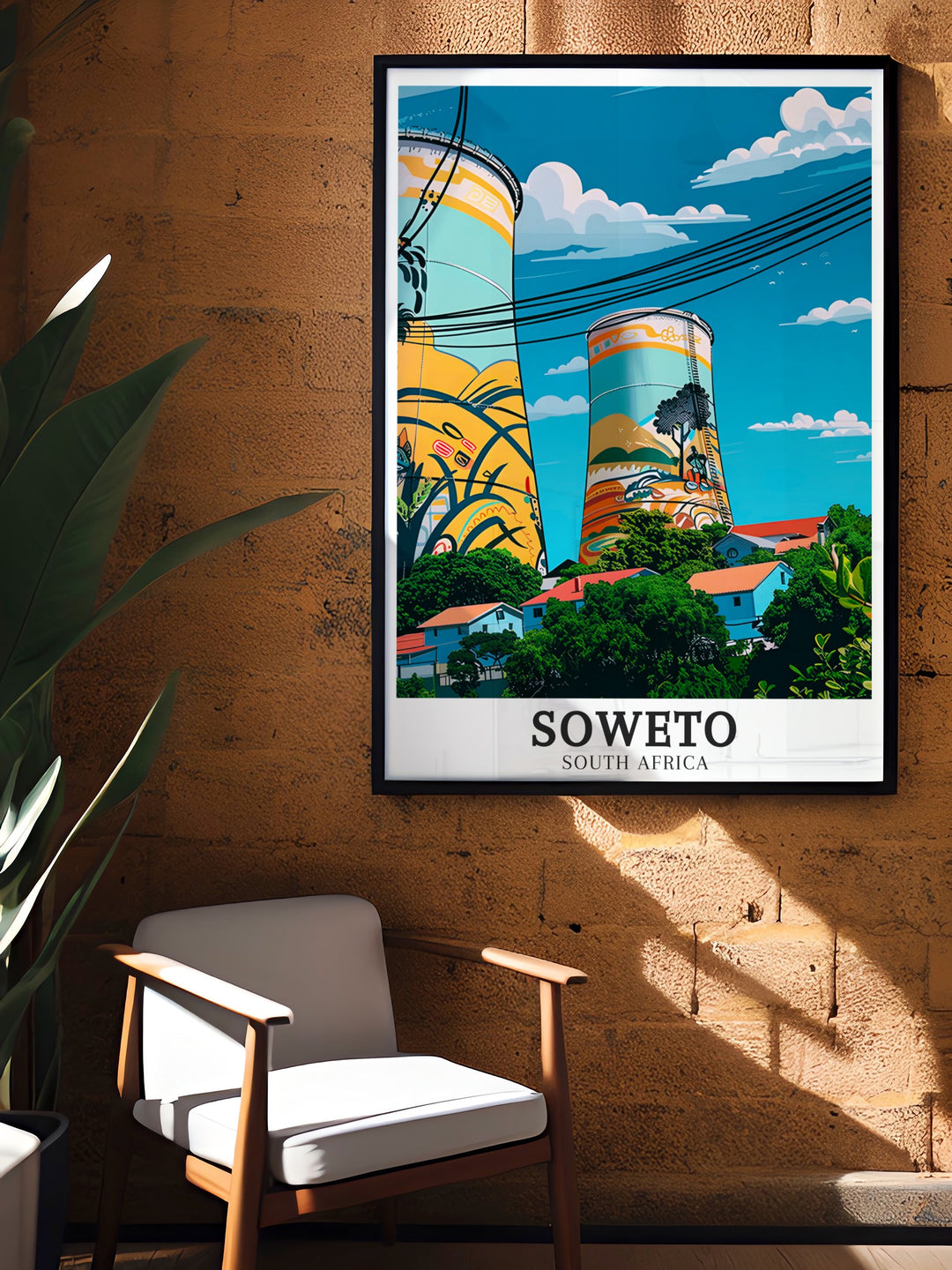 Orlando Towers Wall Art from Soweto, showcasing the colorful murals that wrap around these iconic structures, now home to one of the most exciting bungee jumping experiences in the world, making it an eye catching piece for any space.