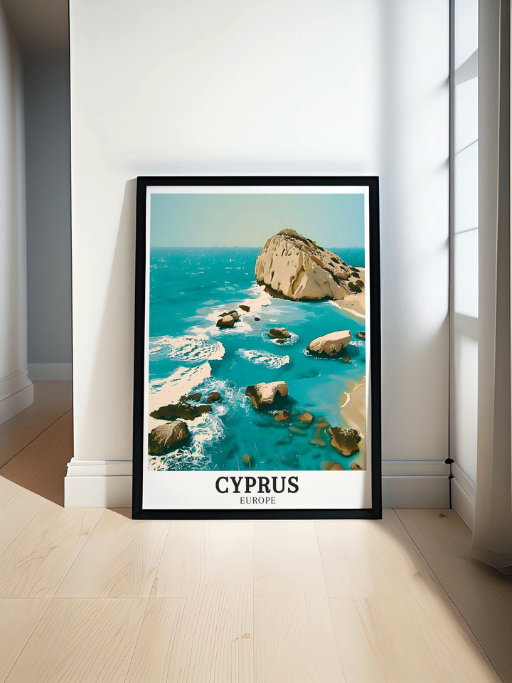 This canvas art showcases the historical and natural beauty of Paphos, featuring Aphrodites Rock and the surrounding Mediterranean coastline. A must have for fans of Cyprus, this art print evokes the timeless allure of its mythological landscapes.