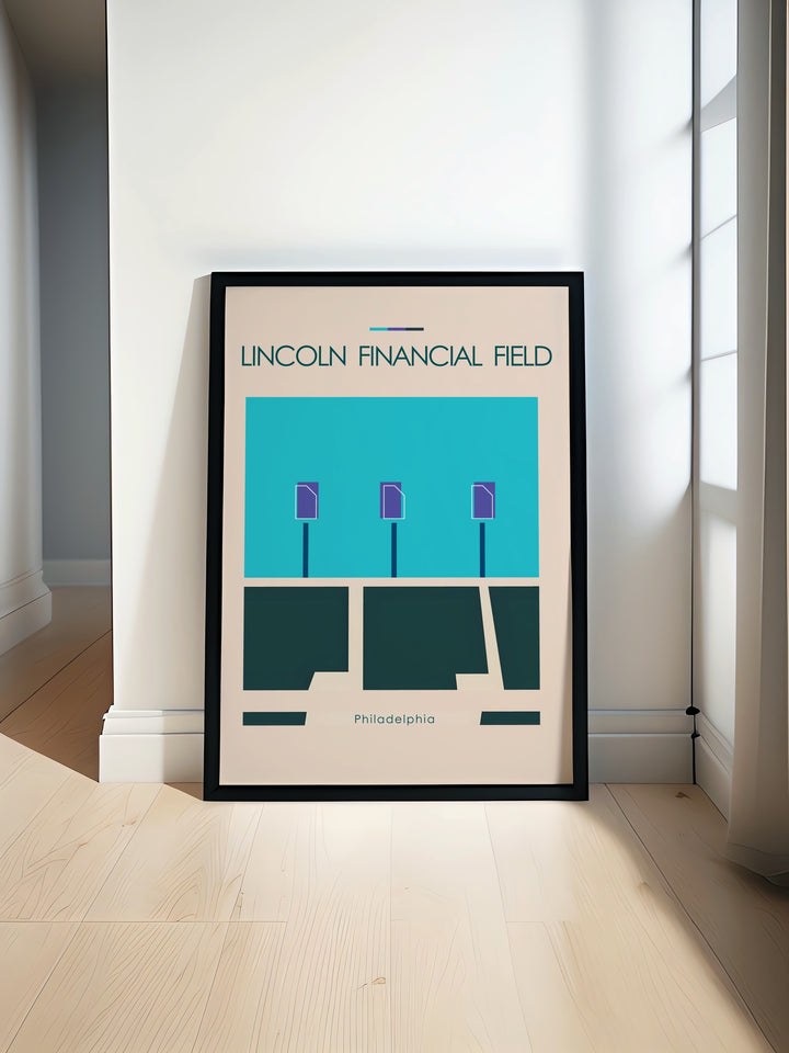 Lincoln Financial Field poster print designed to bring modern sports art into your home. This minimalist football poster is ideal for sports bedrooms offices or living rooms and makes a perfect gift for Philadelphia Eagles fans.