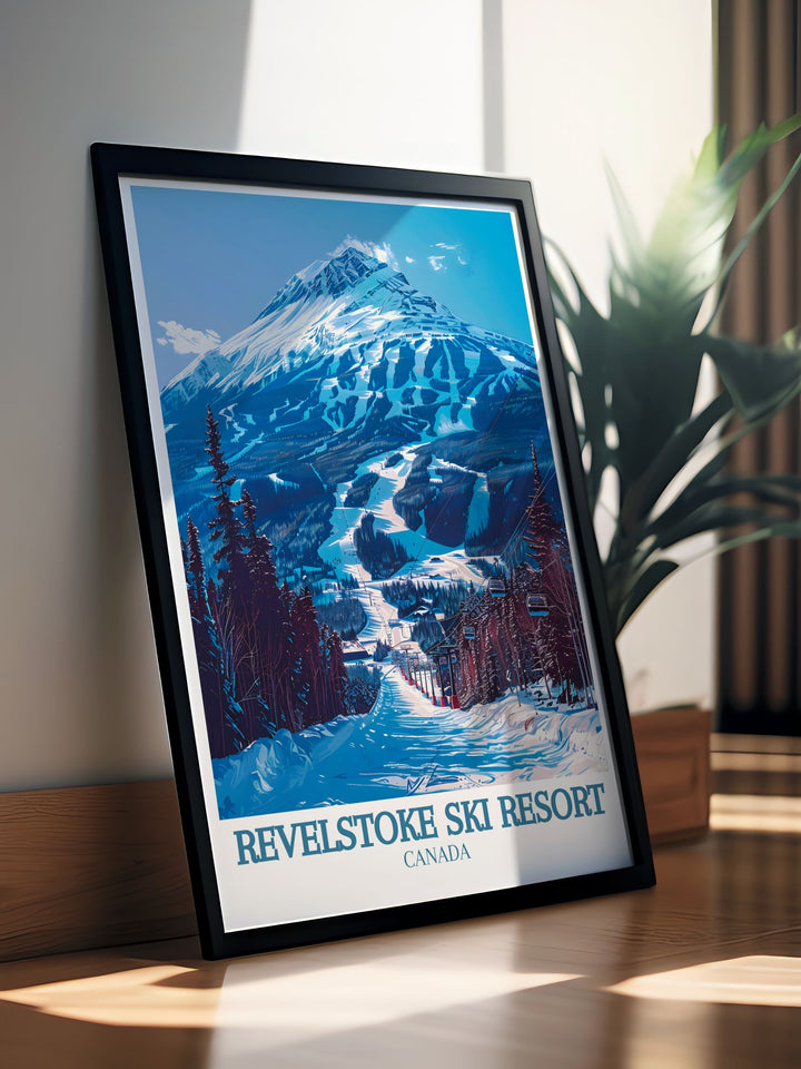 National Park Poster highlighting Mount Mackenzie and the Revelation Gondola cable car. This piece of Framed Print Art showcases the natural beauty of British Columbia and is perfect for any adventure loving home.